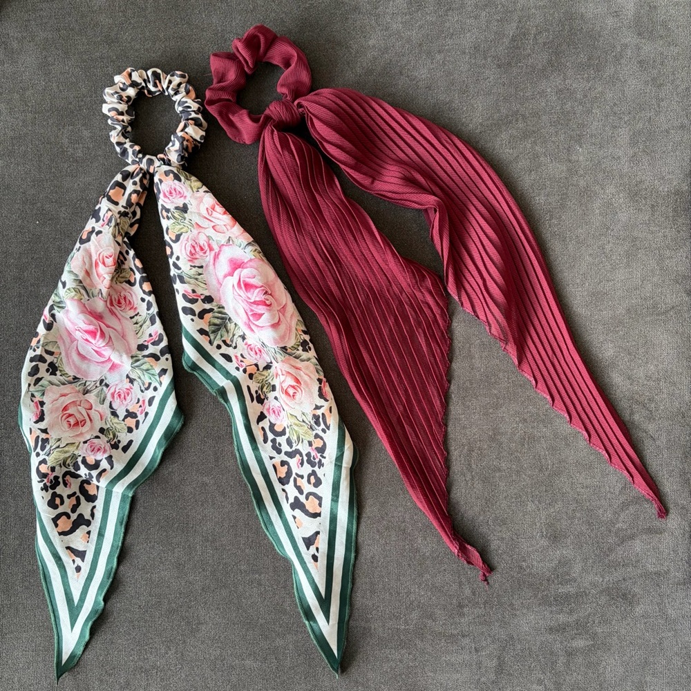 Floral and Burgundy Hair Tie Scrunchies Set